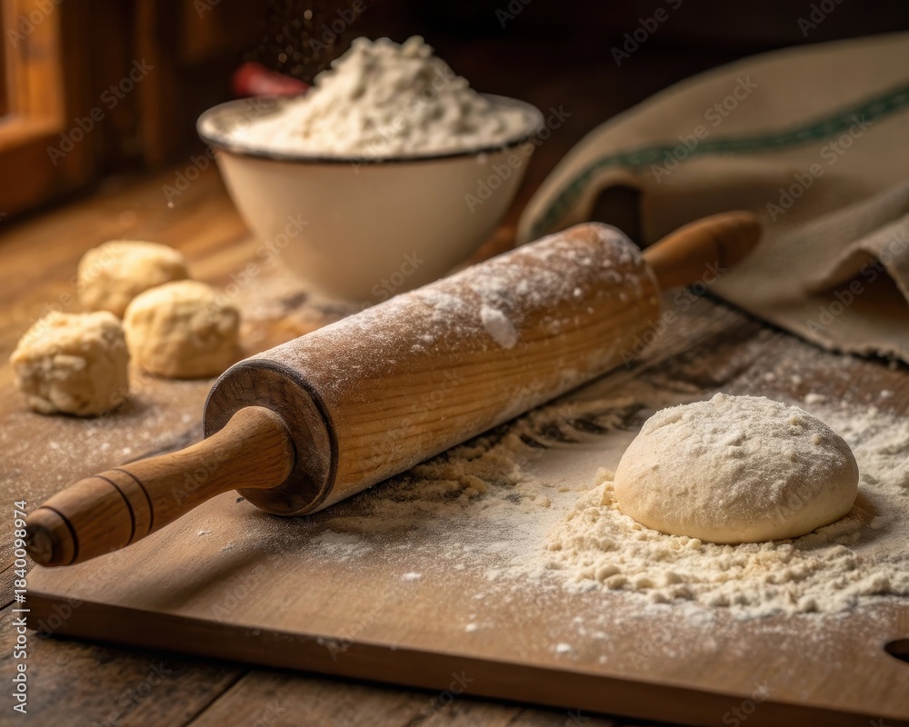 Fototapeta premium Rolling pin flattening dough with flour in preparation for baking