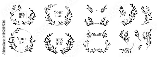 Botanical vector wreath frames set, minimal floral line art templates, elegant leaf and branch round logo design elements