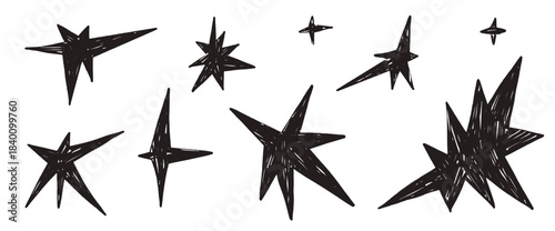 Charcoal star sketches with chalk-like texture. Hand-drawn doodle elements in black color. Perfect for creative illustrations, stickers, and graphic designs. Vector linocut blinks elements isolated.