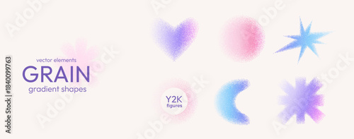 Pastel colors geometric grain gradient shapes with noise. Y2k retro stippling crown, twinkle forms set. Butterfly, flower, heart and star icons on beige background. Vector pink, blue illustration.