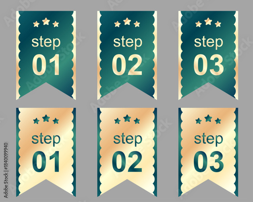 「step 01, 02, 03」のテキストと数字が入った、高級感のあるゴールドグラデーションの装飾バナー６個セット。上部がダークグリーン/ティール、下部がフルゴールドグラデーションの２スタイルで、ハイエンドな製品説明、VIPロイヤルティ層の表示、エレガントなインフォグラフィックデザイン要素に最適。