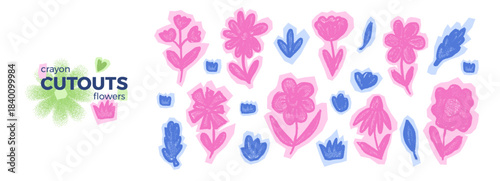 Paper scrapbook scribble cutouts flowers. Naive blue pink angular nature stickers. Set of nordic floral shapes with crayon textures. Girly spring holiday collage wildflower cutout. Vector illustration