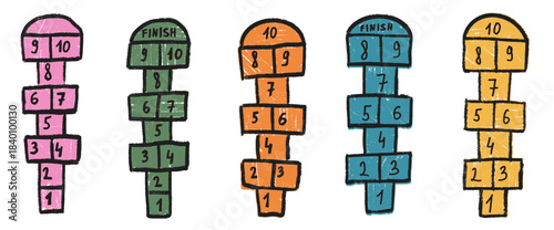 Hopscotch games chalk drawn set isolated no background. Children playground outdoor entertainment. Vector colorful crayon handwritten illustration. Handmade kindergarten elements.