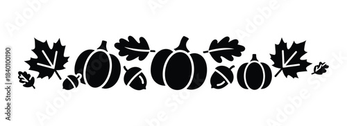 Black silhouette border of pumpkins leaves and acorns