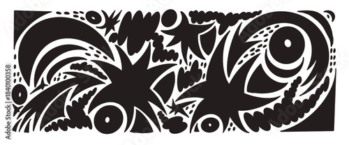 Stars, arrows silhouettes cutouts. Irregular organic blobs abstract geometric shapes background. Geometry, freeform collage doodle figure. Scrapbook twinkle stickers with amoebas. Vector illustration.