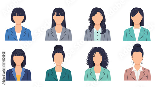 Diverse collection of professional women depicted in avatars, showcasing a variety of hairstyles and business attire