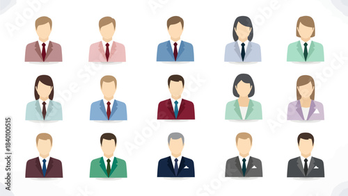 Set of diverse professional avatars representing men and women in business attire, ideal for user profiles and corporate websites
