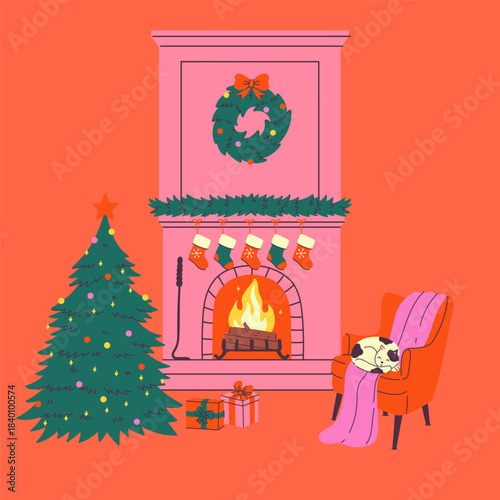 Christmas tree, fireplace, and a cat sleeping on a chair. Vector graphics
