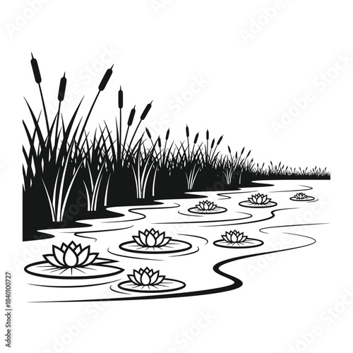 Black Silhouette of Cattails and Water Lilies on Water