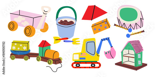 Children's cute toys in cartoon doodle style. Educational toys, building blocks, doll house, sandbox play set, musical instrument, toy construction crane. Childhood themes
