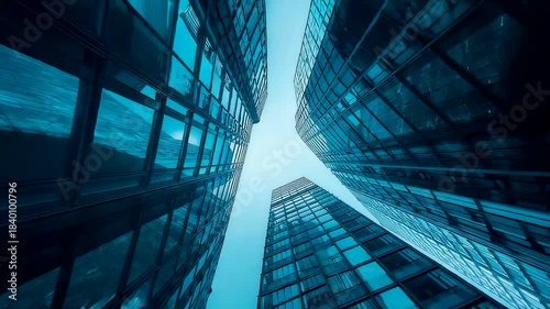 Upward view between tall glass skyscrapers with reflective facades converging toward bright sky creating dramatic urban perspective and modern city scale