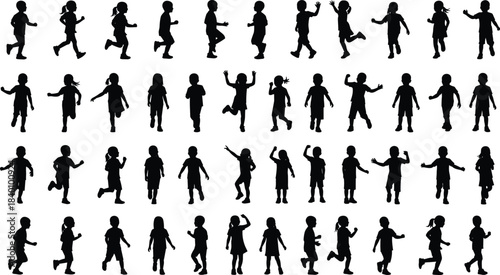 Children silhouette poses, active kids, jumping, running, walking, dancing, diverse hairstyles, playful movement, vector illustration, black icons, childhood activity, motion
