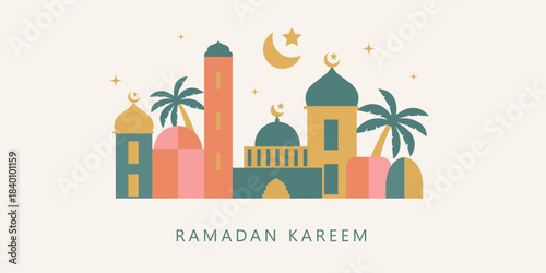 Ramadan and Eid greeting cards background with copy space,Eid Al-Fitr Mubarak, Ramadan Kareem, Islamic Style Greeting Background Collection with Arabic Ornaments in Modern design with geometric shape.