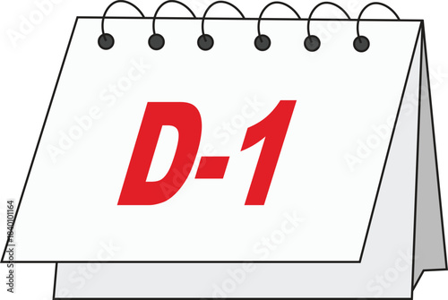 Vector illustration of a desk calendar displaying “D-1” in bold red text, symbolizing one day remaining before an important event, deadline, or countdown milestone.