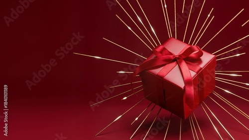 Floating Red Gift Box with Golden Light Trails on Festive Background