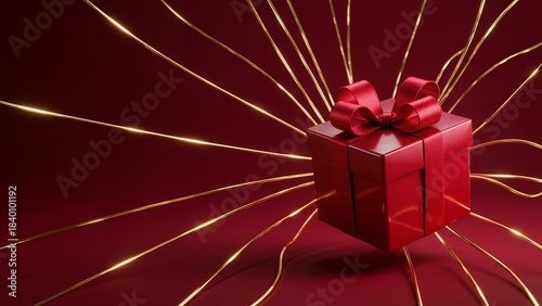 Floating Red Gift Box with Golden Light Trails on Festive Background