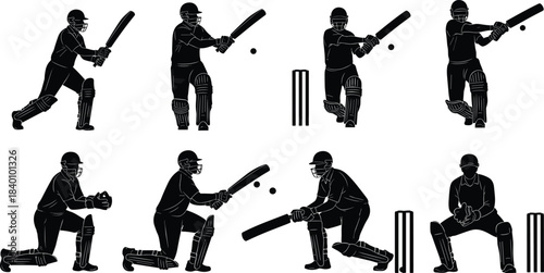 Cricket player silhouette collection, batting pose, fielding stance, sports icon, protective gear, cad drawing flat vector illustration, black figures, athletic motion