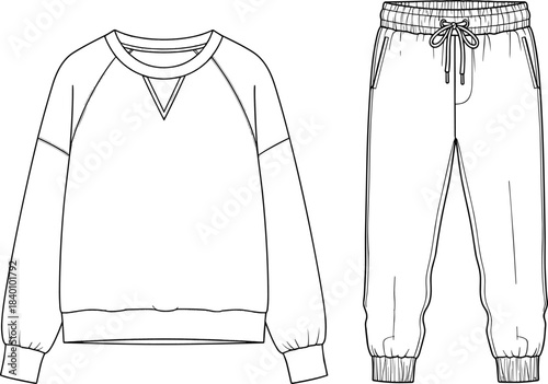 Fashion Garment Flat Technical Sketch CAD Drawing Template Vector Illustration: Oversized Raglan Sweatshirt and Elastic Cuff Jogger Sweatpants Loungewear Set Outline