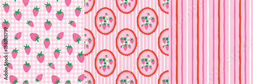Valentine Seamless pattern set with hand-drawn gingham, Strawberry, vintage cameo strawberry frames, and whimsical pink stripes. Perfect for fabric design, gift wrap, scrapbooking, stationery. 