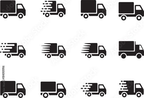 Delivery Truck icon set. Express delivery trucks icons. Cargo vehicle and transportation symbols for logistics, shipping services, and freight.Black truck icon isolated on white background.