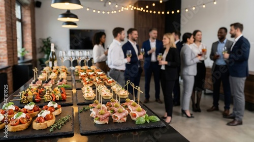 Corporate networking event with business people and canapés, office catering