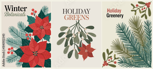 Set of modern holiday botanical illustrations featuring poinsettias, mistletoe, evergreen branches, and festive text