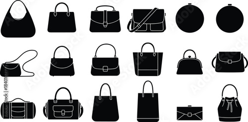 Handbag silhouette icons, fashion accessories, purse collection, tote bag, clutch, satchel, shoulder bag, vector set, black shapes, stylish design, retail, branding