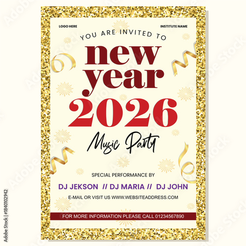 Stylish Happy New Year invitation card template featuring festive decorative elements, elegant typography, and a modern layout. Perfect for parties, events, and celebrations