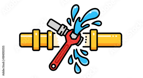 Cartoon Illustration of a Plumber Repairing a Leaking Pipe with a Wrench