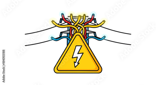 Cartoon Illustration of Electricity Pylon with Warning Symbol for Hazard Prevention