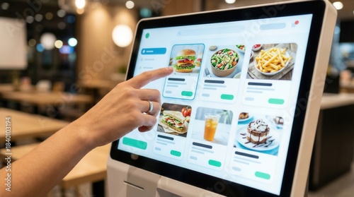 Hand using self service touchscreen kiosk to order food in modern restaurant