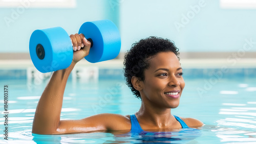 African-American woman doing water aerobics with dumbbell in hotel pool, wellness and fitness training