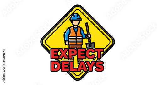 Warning Sign Indicating Construction Site and Potential Delays for Road Users or Workers