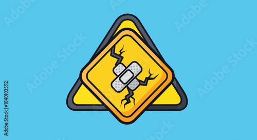 Warning Sign Indicating Fix Needed For Damage, Applying Bandage to Cracks on the Surface