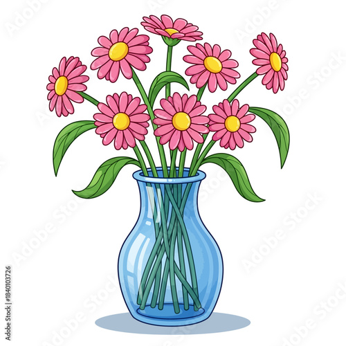a blue glass vase filled with several pink daisy-like flowers