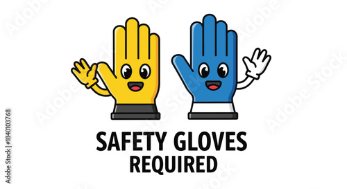Cartoon Safety Gloves Illustration With Bold Text Indicating Required Protective Gear