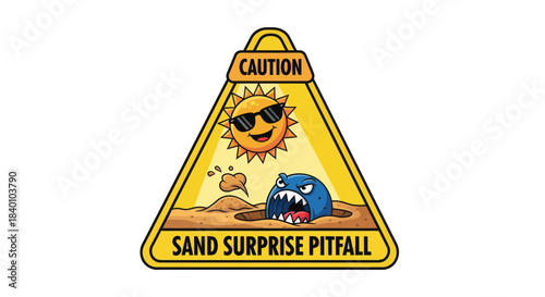 Cartoon Sandpit Pitfall Warning Illustration With Smiling Sun And Monster Element