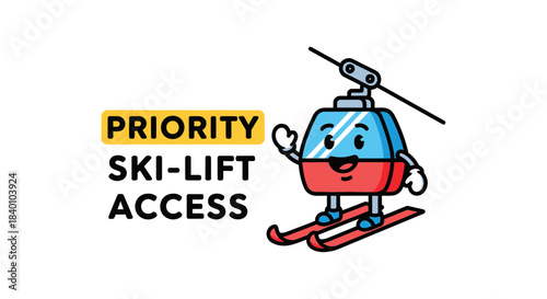 Cartoon Ski Lift Character Offering Priority Access To Encourage Skiing Activities