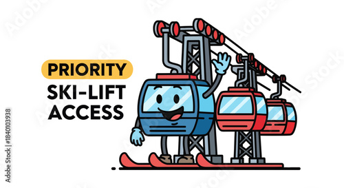 Cartoon Ski Lift With Priority Access Emphasizing Winter Fun And Skiing Adventures