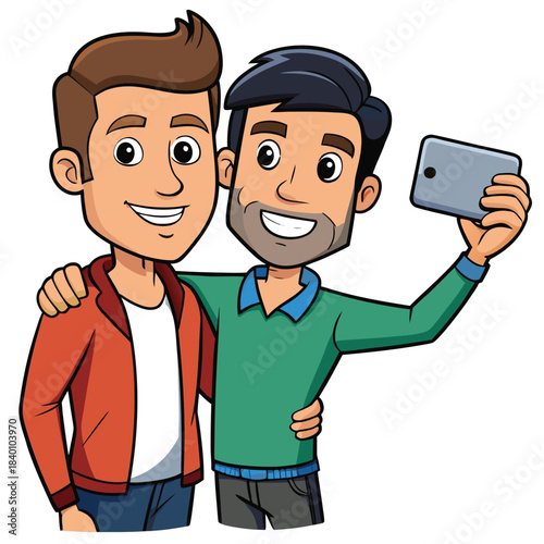 Two friends taking a selfie together on a mobile phone, close-up illustration