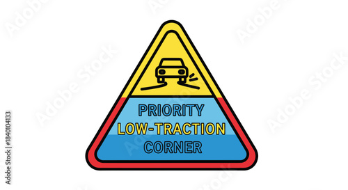 Warning Sign Indicating Potential Hazard: Low-Traction Corner Ahead For Drivers and Motorists