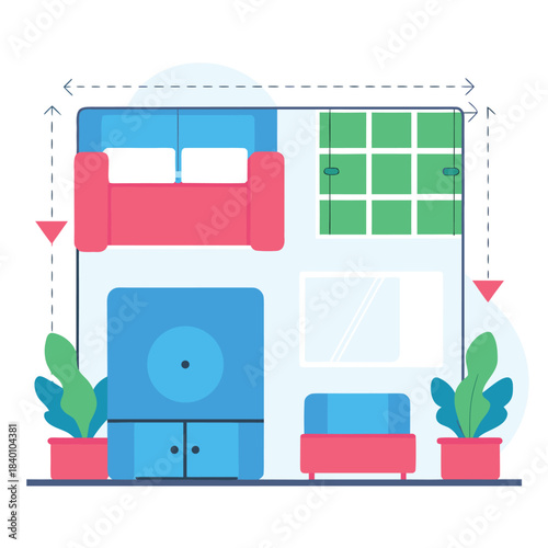 Interior design plan illustration of a modern living room layout with furniture and plants