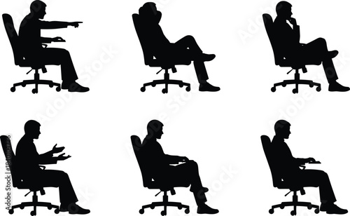 Office chair silhouette, seated posture, business gestures, thinking, pointing, reclining, hand movement, professional behavior, vector illustration, black icons, workplace, ergonomic pose