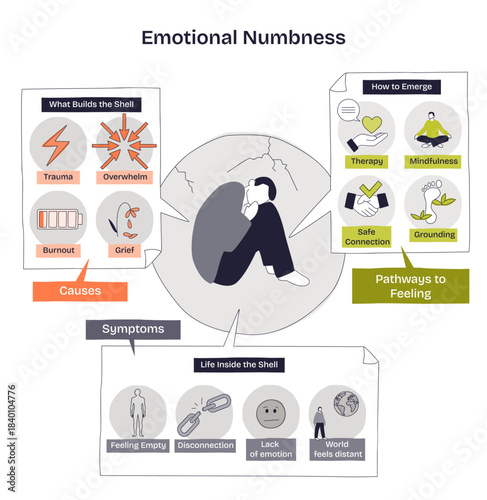 Emotional numbness diagram shows a person in a cracked shell, causes panel, and healing steps, linking symptoms to recovery, key objects, figure, cause boxes, therapy icons. Doodle style diagram