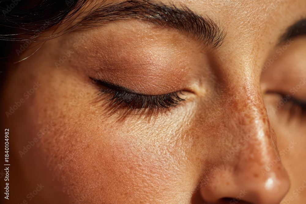 Fototapeta premium Close-up of a woman's eyes closed with natural makeup and soft lighting