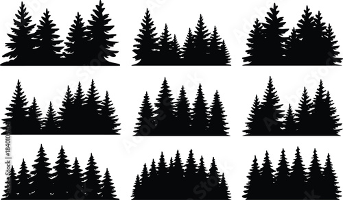 Dense evergreen forest pine tree silhouette vector illustration set featuring natural woodland landscape borders for outdoor scenery design, nature artwork, and creative projects