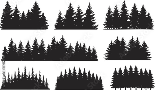 Dense forest pine tree silhouette vector illustration collection featuring evergreen woodland borders, natural landscape scenery elements for outdoor design, nature artwork, and creative projects