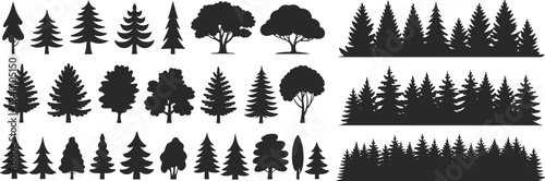 Forest tree silhouettes collection featuring pine, evergreen, and woodland landscape borders, perfect for nature design, outdoor scenery illustrations, and creative vector projects