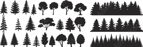 Collection of forest trees, pine silhouettes, woodland landscape borders, and nature vector elements perfect for outdoor scenes, creative design projects, and illustration work