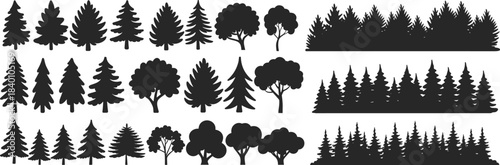 Forest trees and pine silhouette vector illustration set featuring diverse woodland elements, natural landscape scenes, evergreen shapes, outdoor design resources for creative projects
